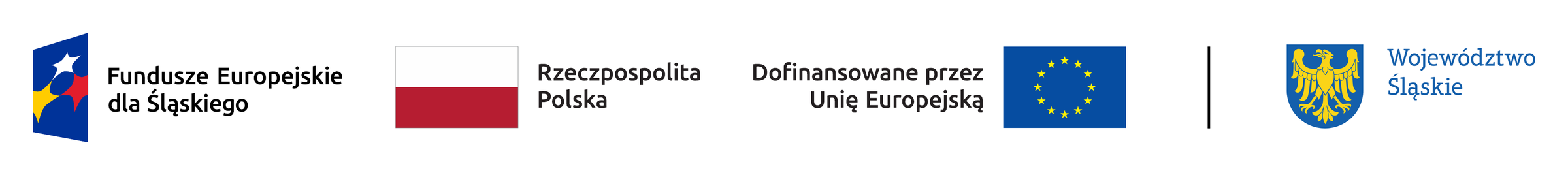 Zestawienie znaków: Fundusze Europejskie dla Śląskiego, Rzeczpospolita Polska, Dofinansowane przez Unię Europejską, Województwo Śląskie